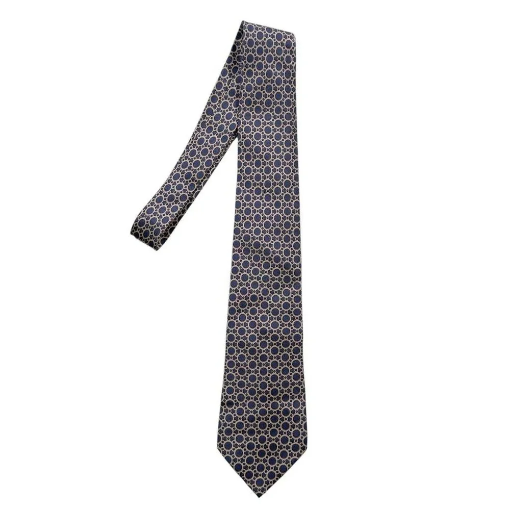 Hermes Paris Tie 7774 FA Blue Beige Circle Geometric Print 100% Silk France - Picture 4 of 6